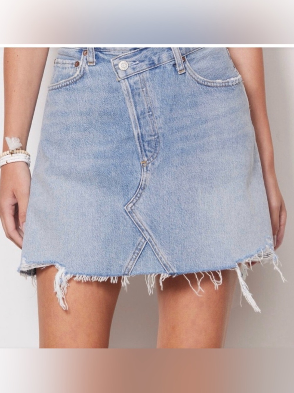 Agolde Light Blue Distressed Denim Mini Skirt